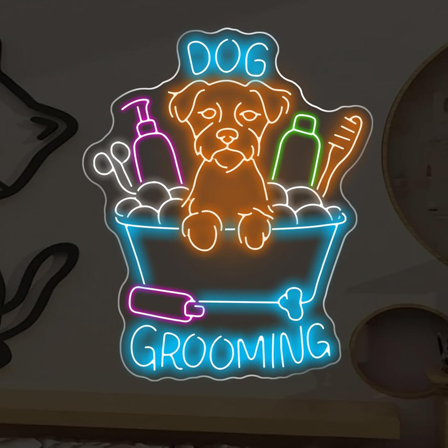 Dog Grooming Neon Sign for Pet Salon Vet Clinic Pet Shop Wall Decor | USB Dimmable Dog Bathtub Grooming Tools Pattern Light Waiting Room Pet Boutique for Pet Bath Trimming Spa Services