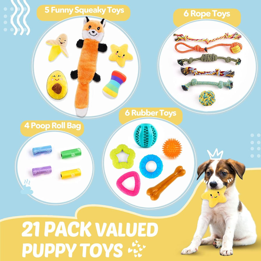 Puppy Toys 21 Pack, Small Dog Chew Toys with Rope Toys for Teething Pet Cute Squeak Toy with Treating Ball for Puppy, Small Dogs - 21 Pack