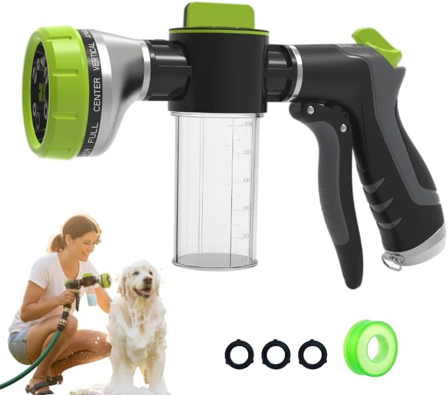 Dog Shower Attachment with Soap Dispenser for Pet Wash, 10-Function Garden Hose Sprayer Nozzle for Pet Bath, Make Washing Easy, ONE-HANDED EASY OPERATION