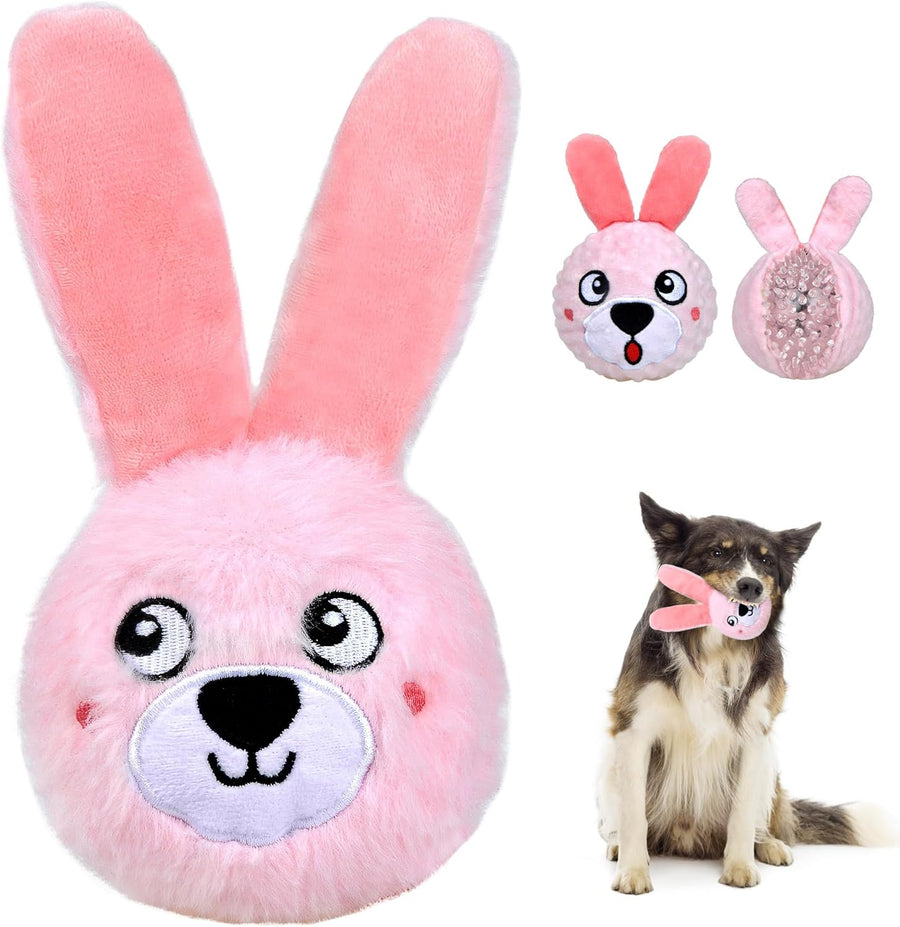 Squeaky Dog Toys for Aggressive Chewers, 3 in 1, Tough Dog Ball | Dog Chew Toys with 3 Layers, to Keep Them Busy, Interactive for Small, Medium and Large Dogs, Gift Box, Bunny