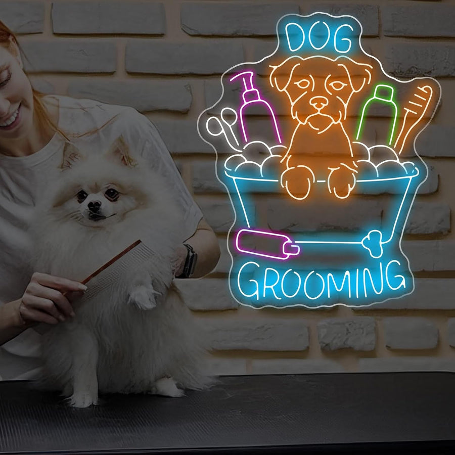 Dog Grooming Neon Sign for Pet Salon Vet Clinic Pet Shop Wall Decor | USB Dimmable Dog Bathtub Grooming Tools Pattern Light Waiting Room Pet Boutique for Pet Bath Trimming Spa Services