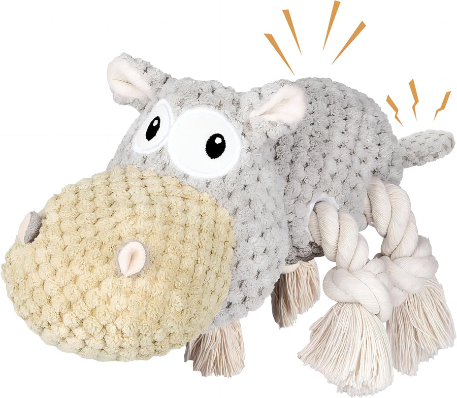 Hippo Squeaky Dog Toy, Gray, Medium | Cute Plush Design, Rope Legs for Tugging, Helps Keep Dogs Busy, Suitable for Small, Medium, and Large Dogs