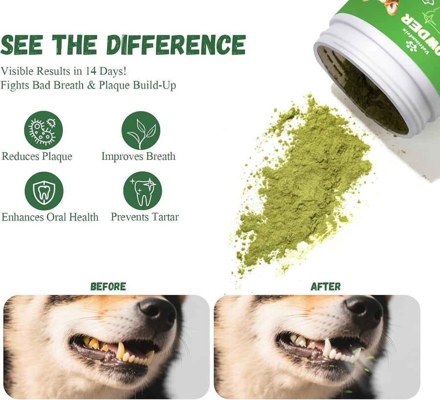 Dog Teeth Cleaning Powder, Dog Dental Powder for Teeth Cleaning and Dog Breath Fresh for Dogs with Probiotic & Tartar Remover, Plaque off Dog Tooth Cleaning (80G)