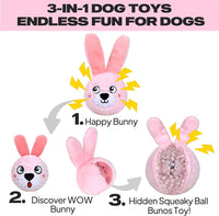 Squeaky Dog Toys for Aggressive Chewers, 3 in 1, Tough Dog Ball | Dog Chew Toys with 3 Layers, to Keep Them Busy, Interactive for Small, Medium and Large Dogs, Gift Box, Bunny