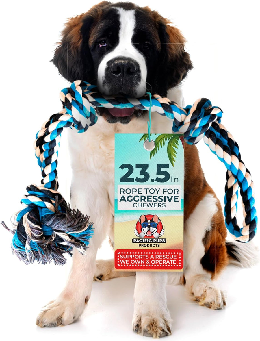Large Dog Rope Toy, 23.5 Inch, Blue | Dog Rope Toy for Large Dogs, 3 Knot Tug of War Rope, Durable Dog Toy for Aggressive Chewers, Puppy Teething, Cotton Blend