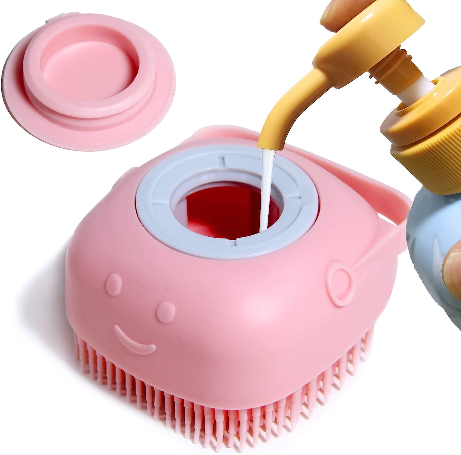 Pet Bath Brush Dog Shampoo Dispenser Dog Bath Brush Scrubber (Pink)