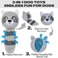 Squeaky Dog Toys for Aggressive Chewers, 3 in 1, Tough Dog Ball | Dog Chew Toys with 3 Layers, to Keep Them Busy, Interactive for Small, Medium and Large Dogs, Gift Box, Raccoon