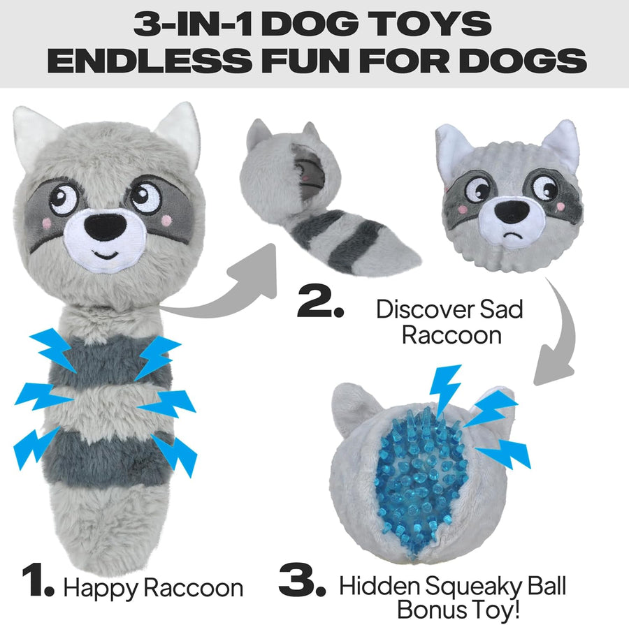 Squeaky Dog Toys for Aggressive Chewers, 3 in 1, Tough Dog Ball | Dog Chew Toys with 3 Layers, to Keep Them Busy, Interactive for Small, Medium and Large Dogs, Gift Box, Raccoon