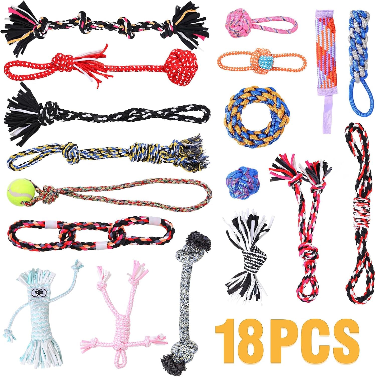 Dog Rope Toys for Small-Medium Dogs. 18 Pack for Teeth Cleaning, Chewing, Training Balls and Squeaky Toys. Best for Entertainment, Interaction,Tug of War Indoor and Outdoor.