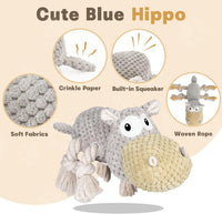Hippo Squeaky Dog Toy, Gray, Medium | Cute Plush Design, Rope Legs for Tugging, Helps Keep Dogs Busy, Suitable for Small, Medium, and Large Dogs