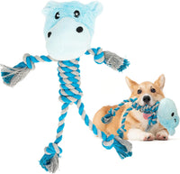 Tough Dog Toys for Puppies and Small-Medium Dogs, Tug of War and Plush Stuffed Animals for Teething and Chewing Fun (Hippo)