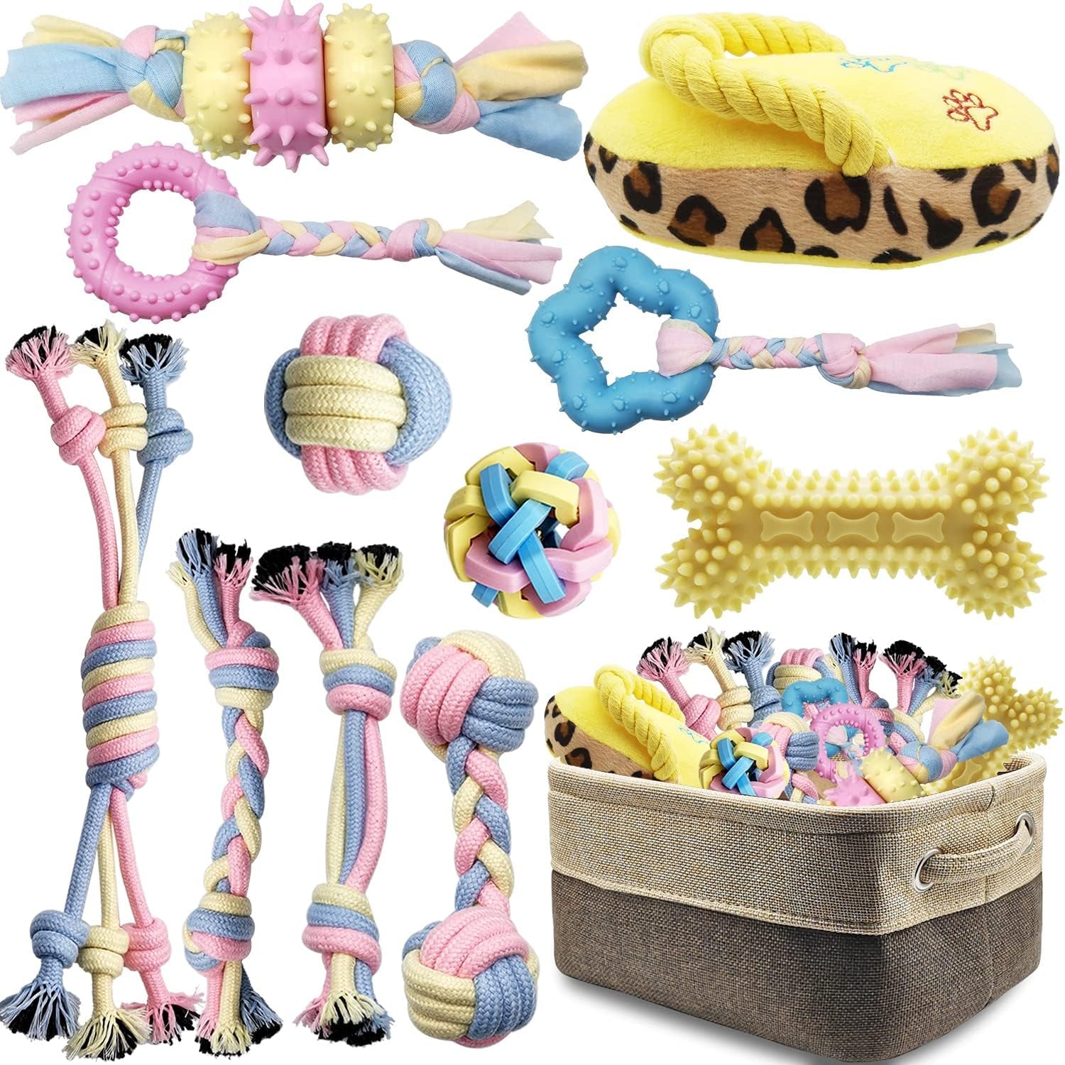 Puppy Chew Toys for Teething Small Dog Toys Puppy Teething Toys Dog Chew Toy Rope Balls Interactive Teeth Cleaning Tug Toys Storage Basket