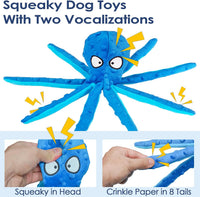 8 Pack Squeaky Octopus Plush Dog Toys for Aggressive Chewers, No Stuffing, Crinkle, Durable Interactive, 4 Colors