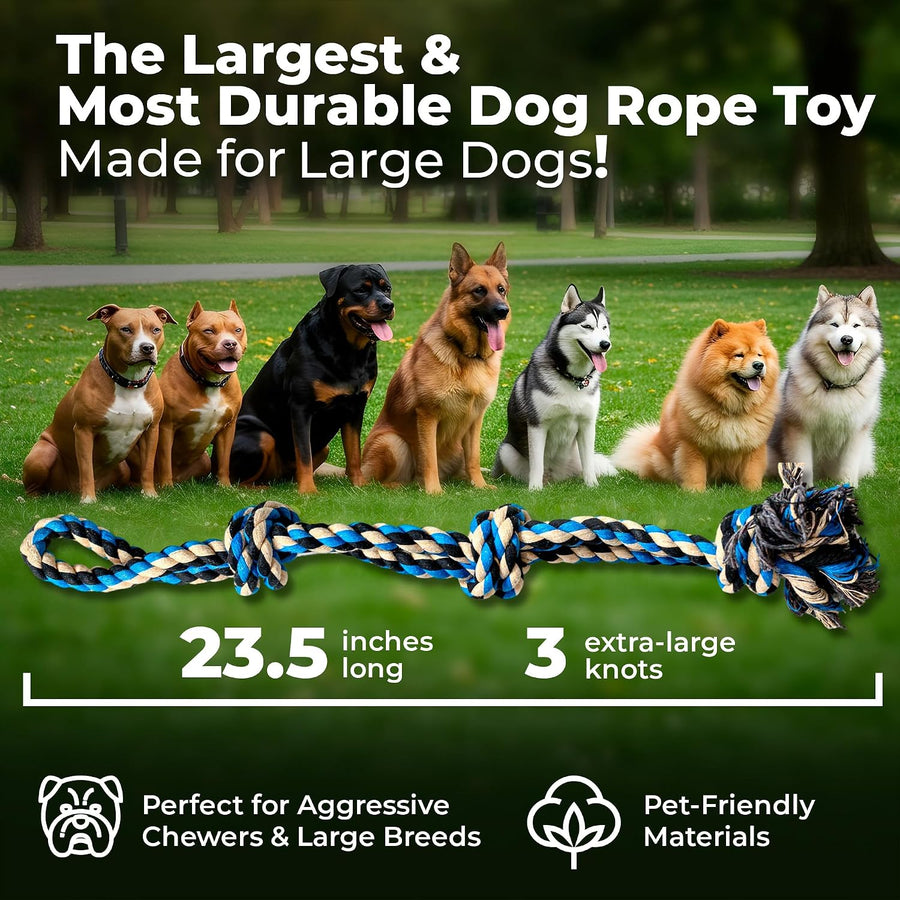Large Dog Rope Toy, 23.5 Inch, Blue | Dog Rope Toy for Large Dogs, 3 Knot Tug of War Rope, Durable Dog Toy for Aggressive Chewers, Puppy Teething, Cotton Blend